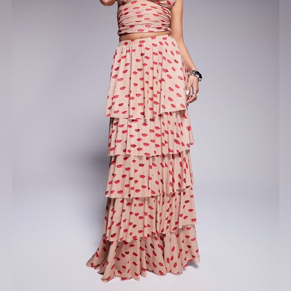 NWT AFRM Size L Jace Ruffle Maxi Tiered Skirt in Almond Kiss Print - Picture 1 of 9
